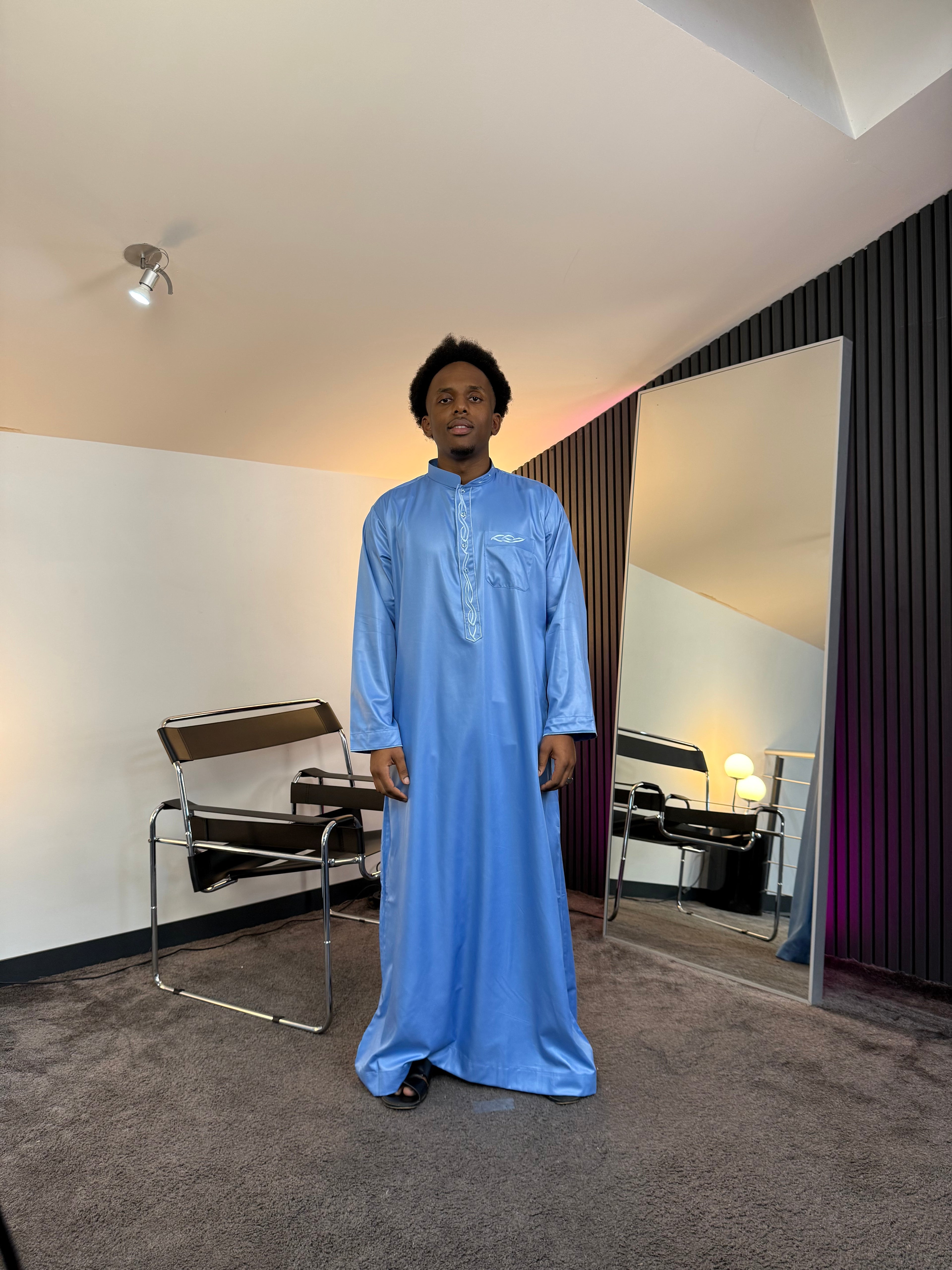 N°7 - QAMIS MANCHES LONGUES BLEU PRESTIGE FINITION BRODÉE HOMME