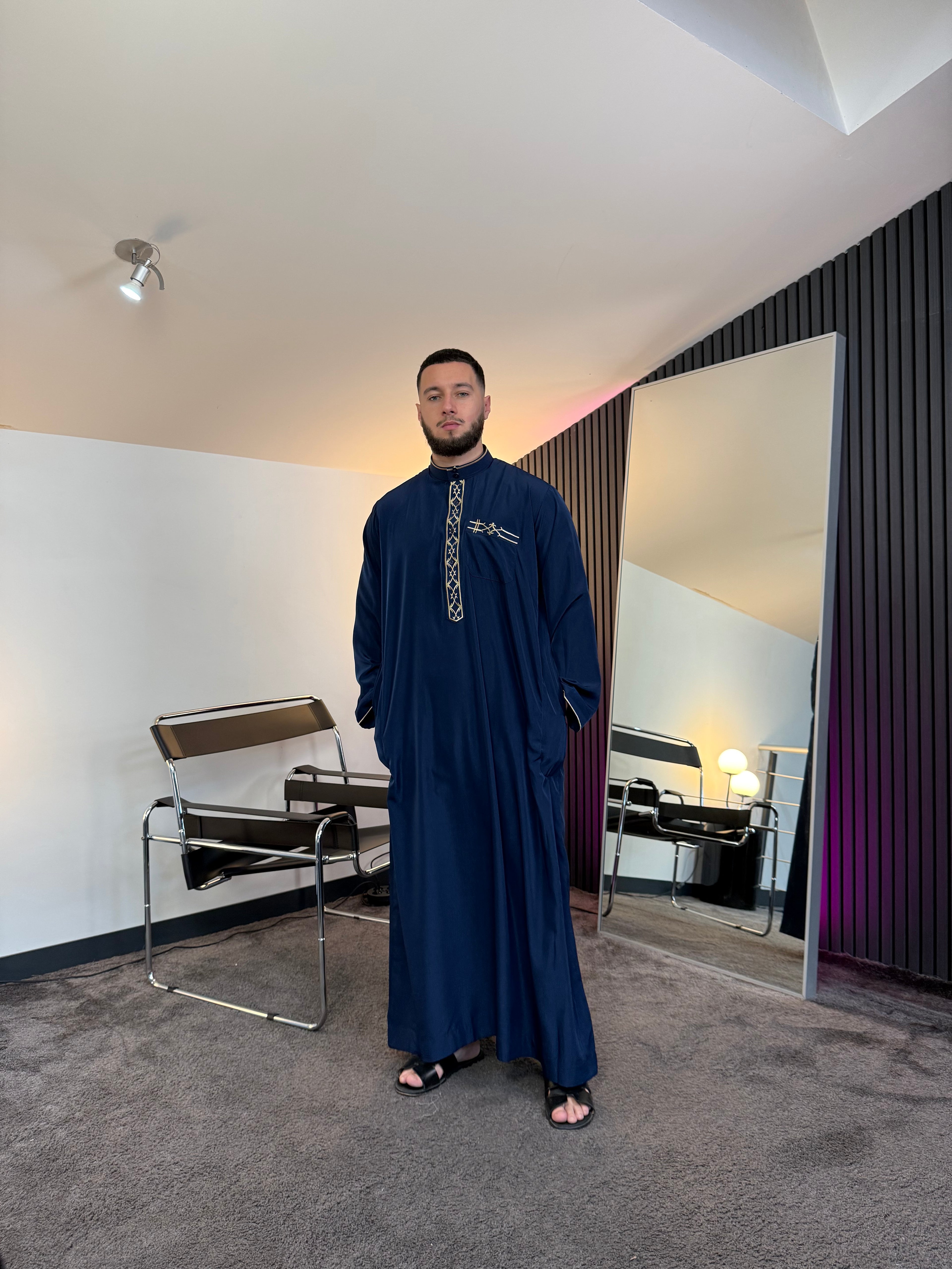 N°3 - QAMIS MANCHES LONGUES ZIP BLEU PRESTIGE FINITION BRODÉE HOMME